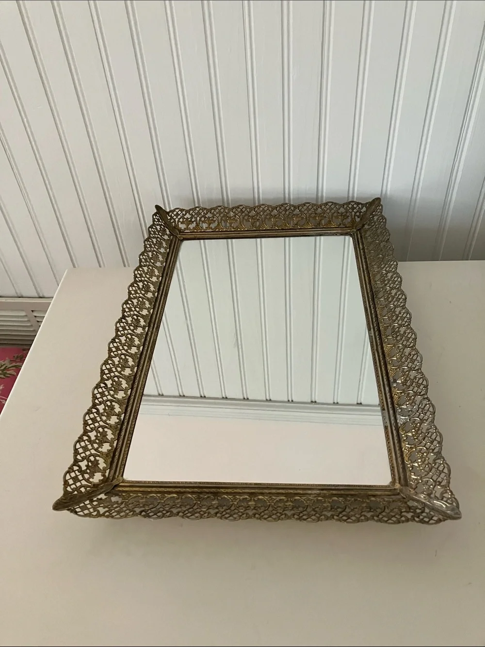 Vintage Hollywood Regency Ornate Filigree Vanity Mirror Tray 16” x 11”